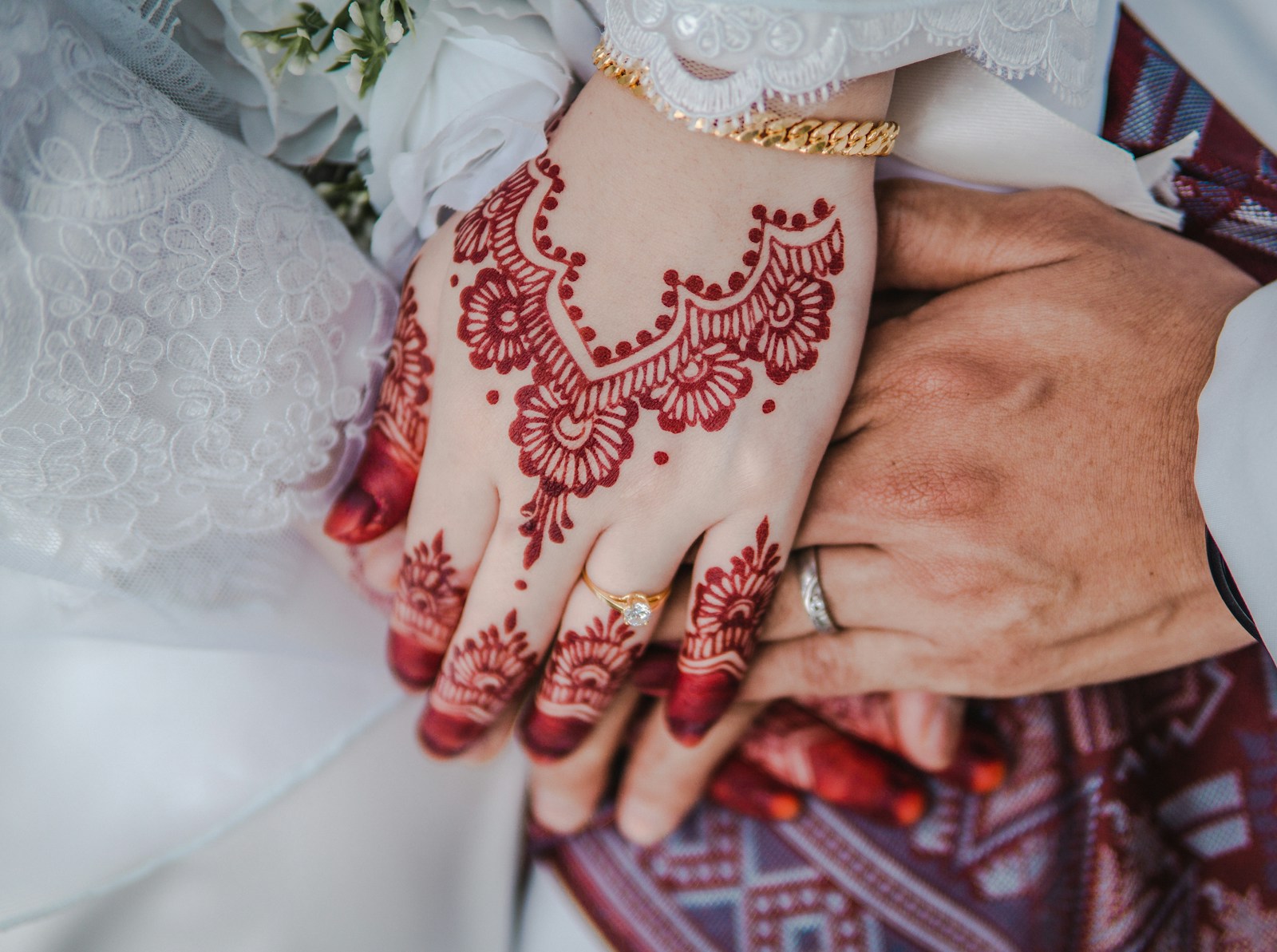 A newlywed couple holding hands decorated with intricate henna